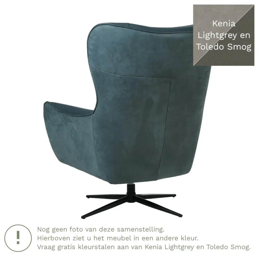 afbeelding van Leren draaifauteuil Leaf Duo - Kenia Lightgrey en Toledo Smog - Stervoet zwart