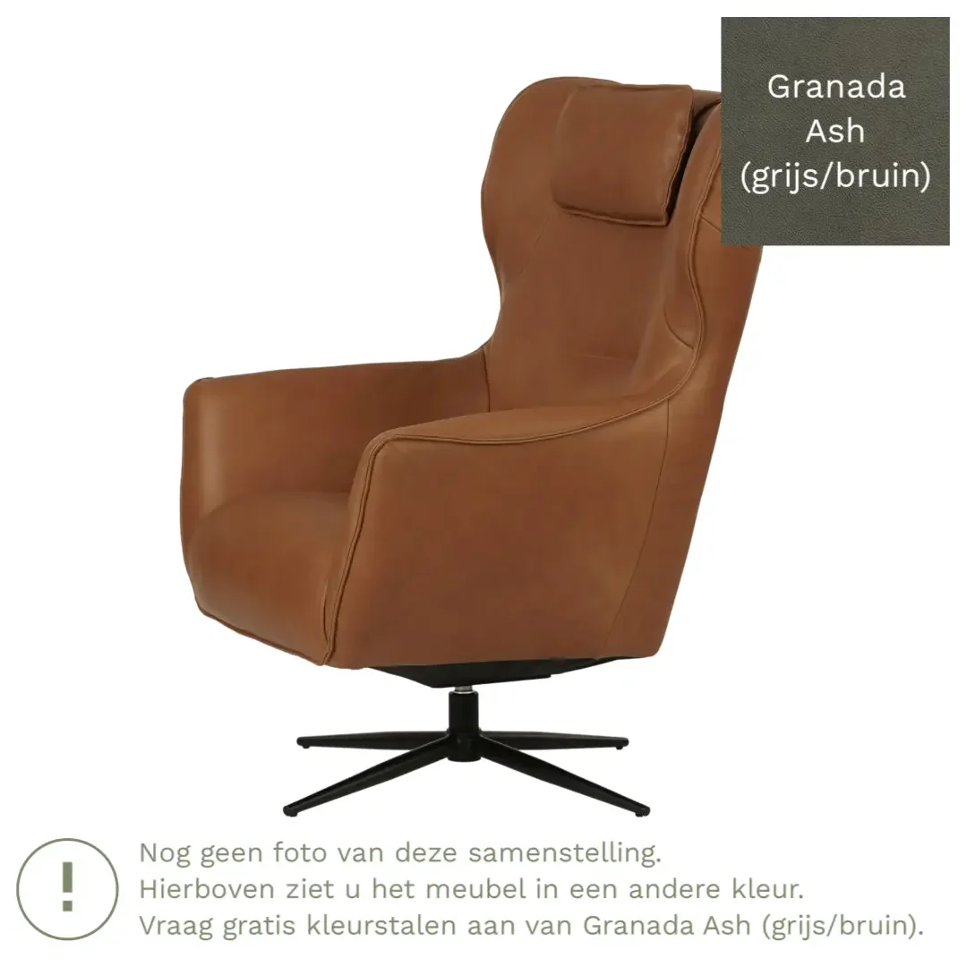 afbeelding van Leren draaifauteuil Leaf - Granada Ash (grijs/bruin) - Stervoet zwart