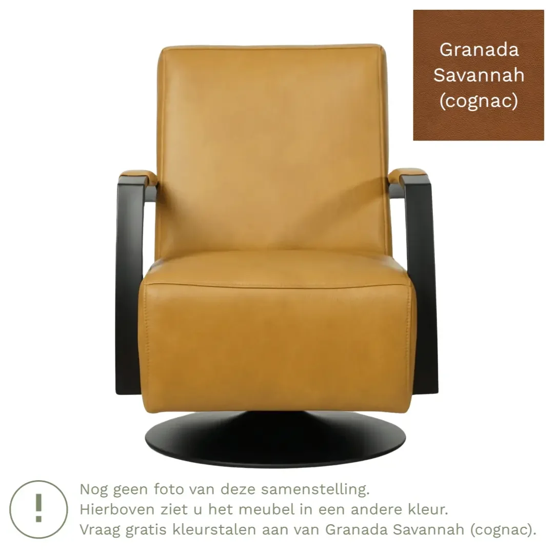 afbeelding van Leren draaifauteuil Mood - Granada Savannah (cognac) - Schotelvoet zwart