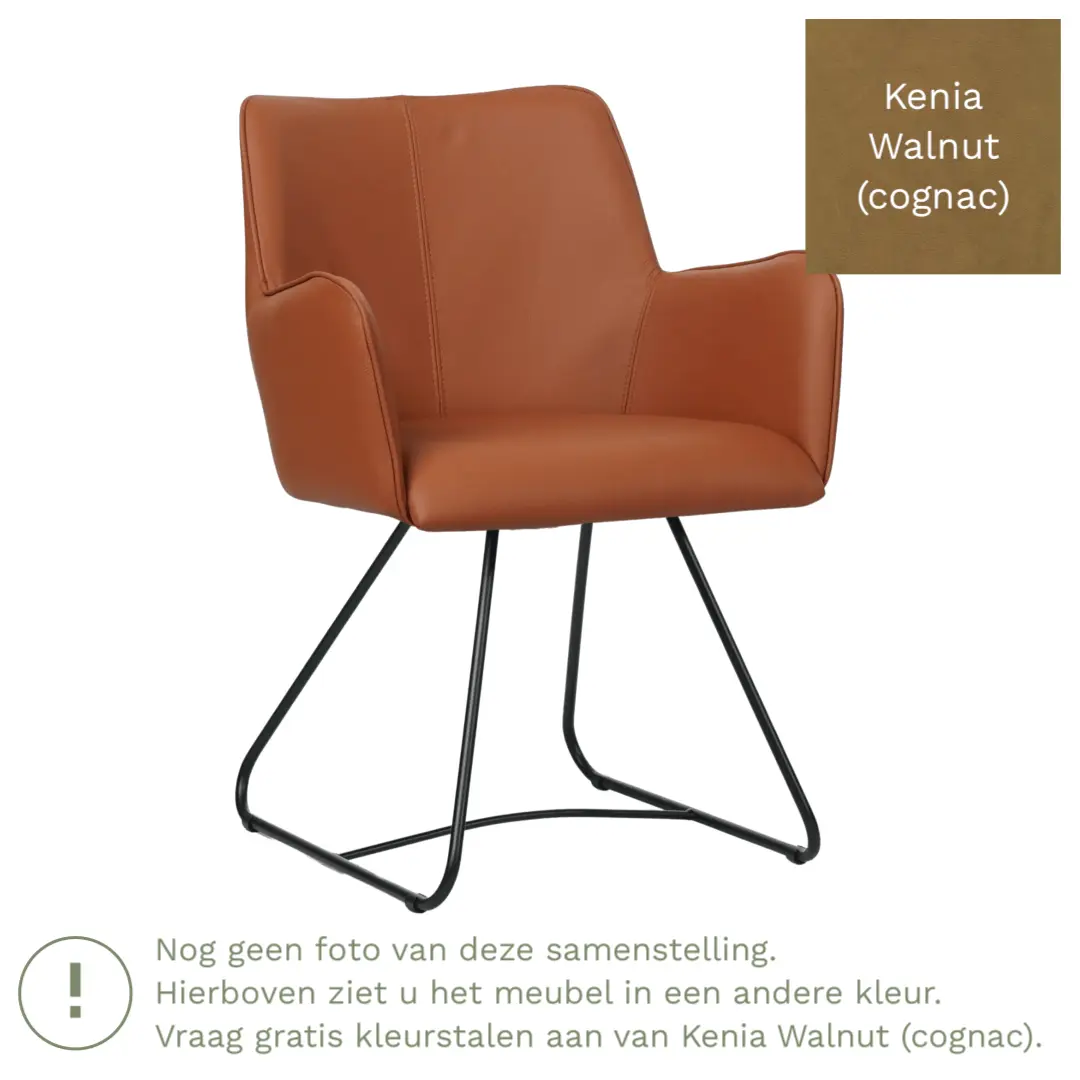 afbeelding van Leren eetkamerstoel Jazz - Kenia Walnut (cognac) - poten staal rond zwart