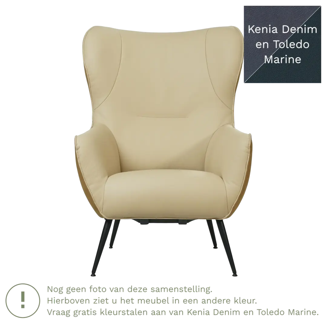 afbeelding van Leren fauteuil Flair Duo - Kenia Denim en Toledo Marine - Poten staal rond zwart