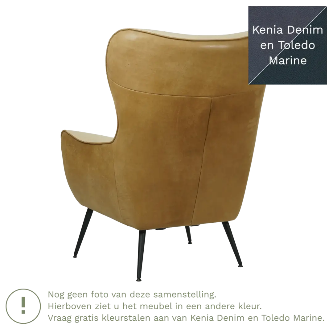 afbeelding van Leren fauteuil Flair Duo - Kenia Denim en Toledo Marine - Poten staal rond zwart