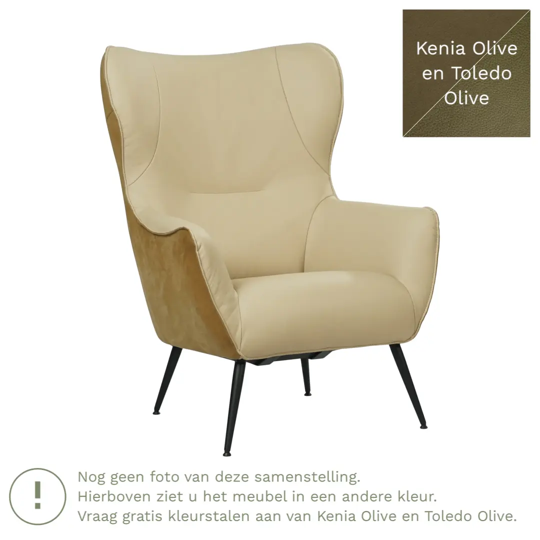 afbeelding van Leren fauteuil Flair Duo - Kenia Olive en Toledo Olive - Poten staal rond zwart