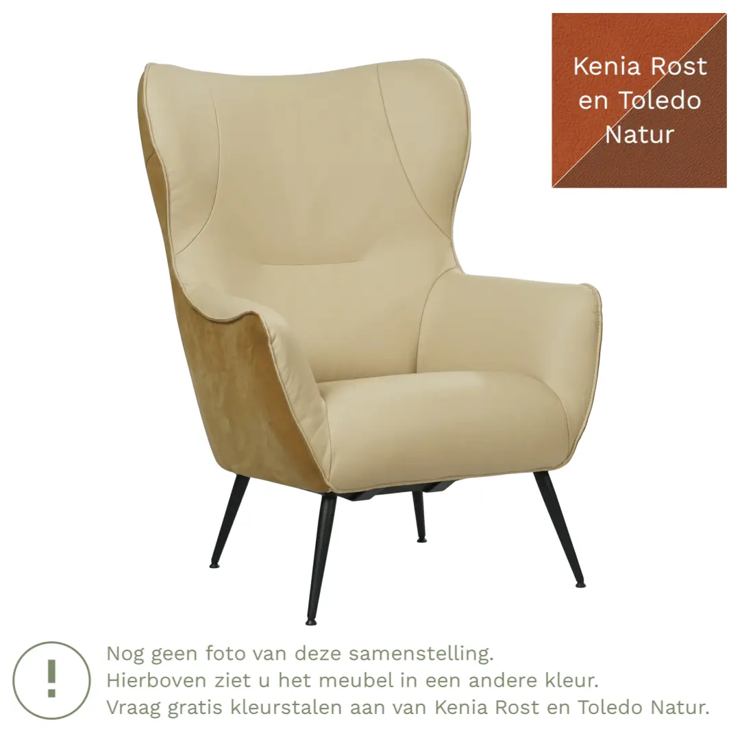 afbeelding van Leren fauteuil Flair Duo - Kenia Rost en Toledo Natur - Poten staal rond zwart