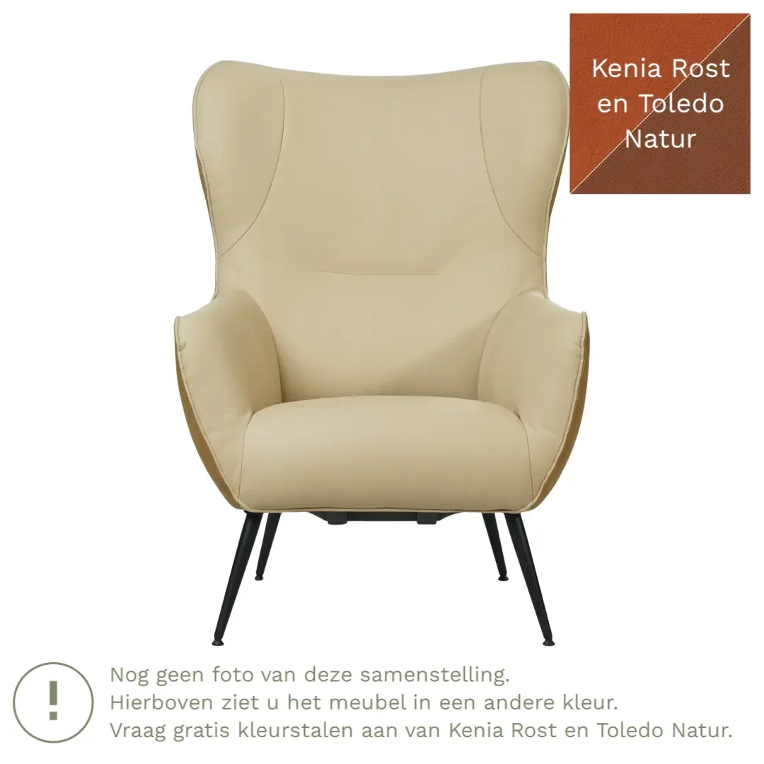 afbeelding van Leren fauteuil Flair Duo - Kenia Rost en Toledo Natur - Poten staal rond zwart