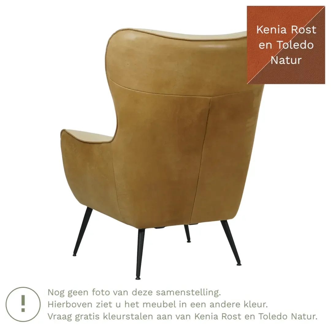afbeelding van Leren fauteuil Flair Duo - Kenia Rost en Toledo Natur - Poten staal rond zwart