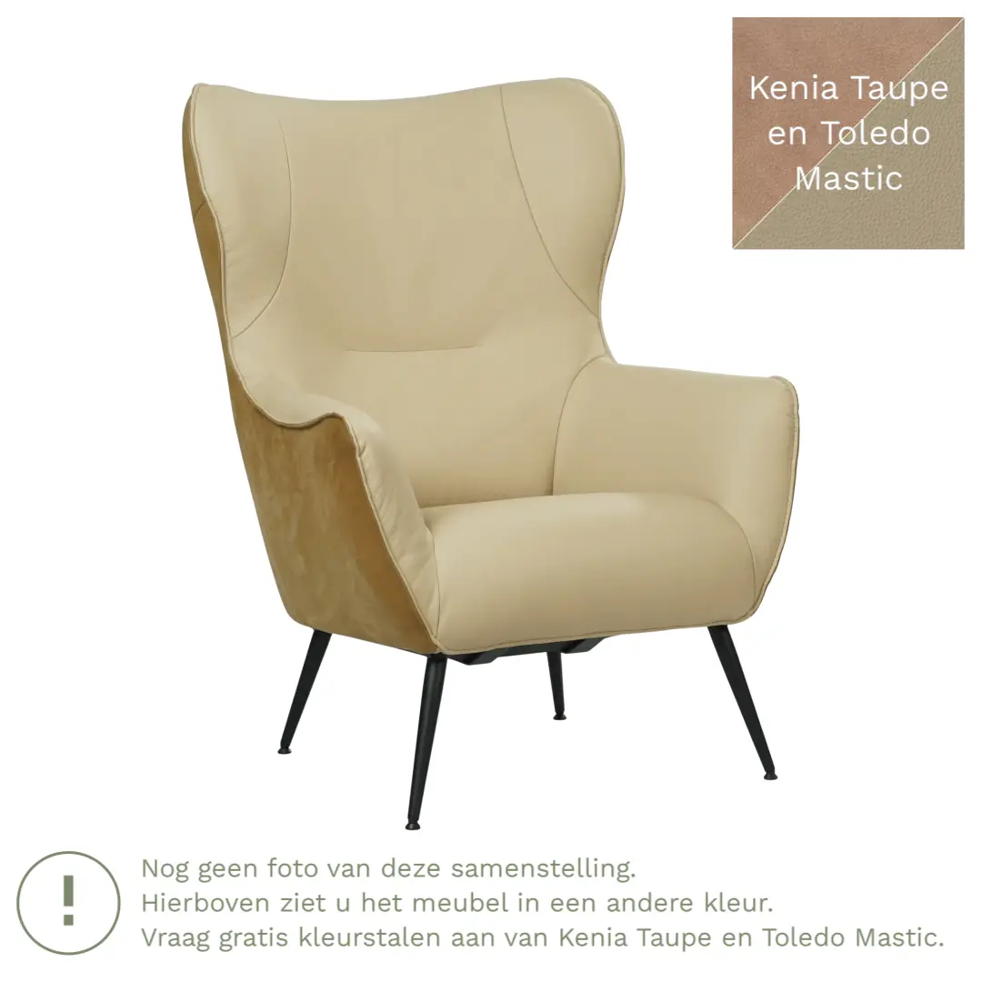 afbeelding van Leren fauteuil Flair Duo - Kenia Taupe en Toledo Mastic - Poten staal rond zwart