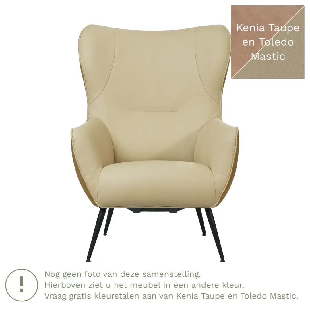 afbeelding van Leren fauteuil Flair Duo - Kenia Taupe en Toledo Mastic - Poten staal rond zwart