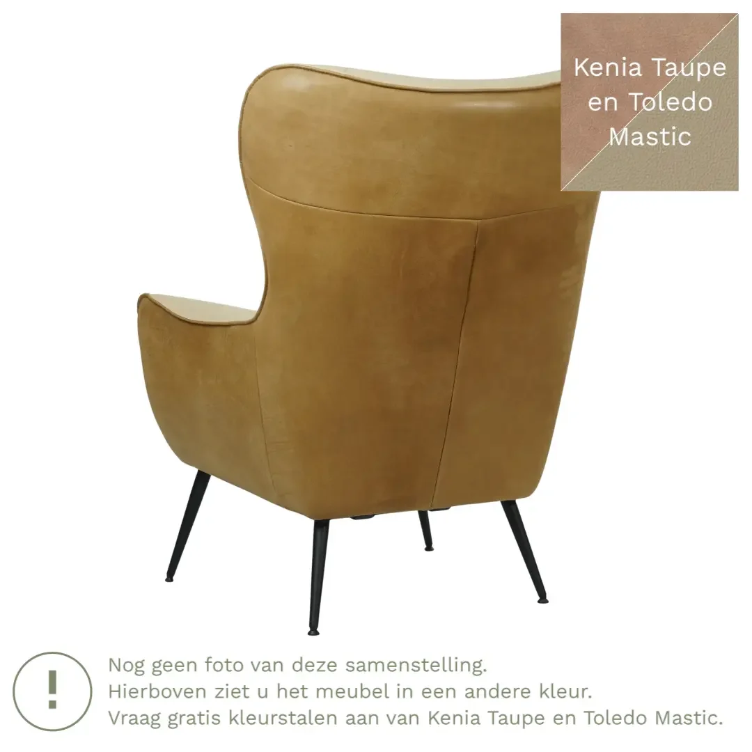 afbeelding van Leren fauteuil Flair Duo - Kenia Taupe en Toledo Mastic - Poten staal rond zwart