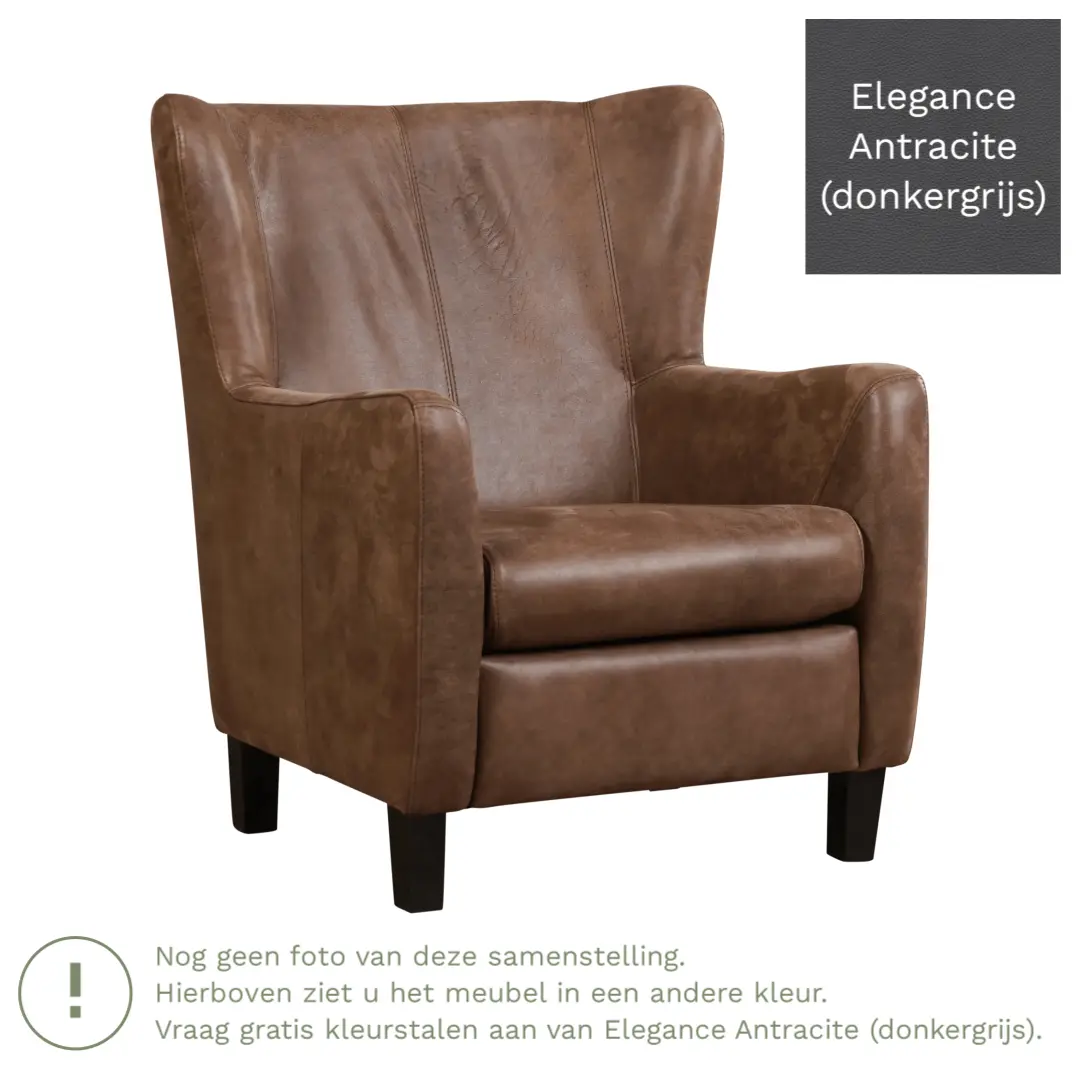 afbeelding van Leren fauteuil Hug - Elegance Antracite (donkergrijs) - Poten hout bruin