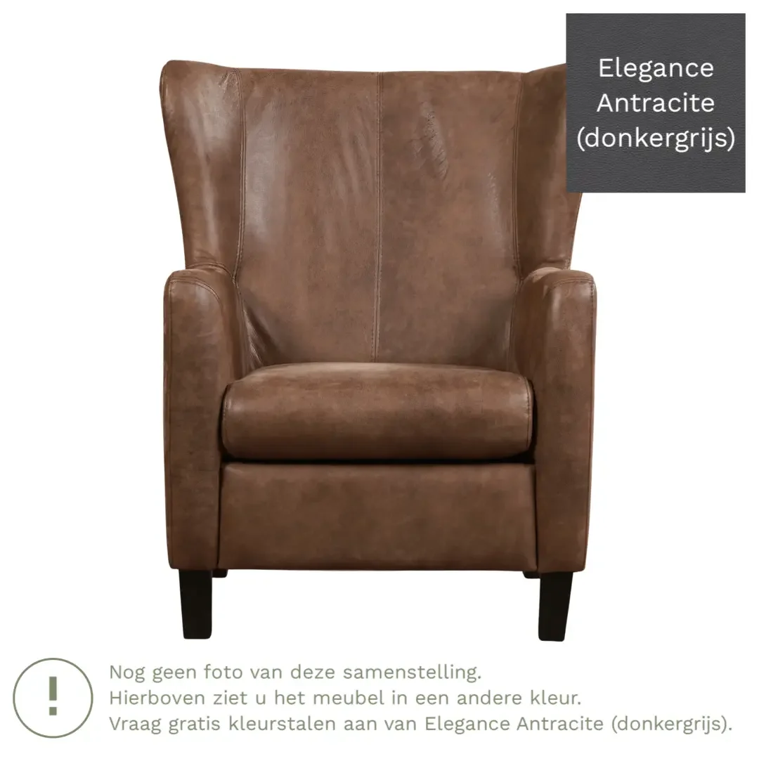 afbeelding van Leren fauteuil Hug - Elegance Antracite (donkergrijs) - Poten hout zwart