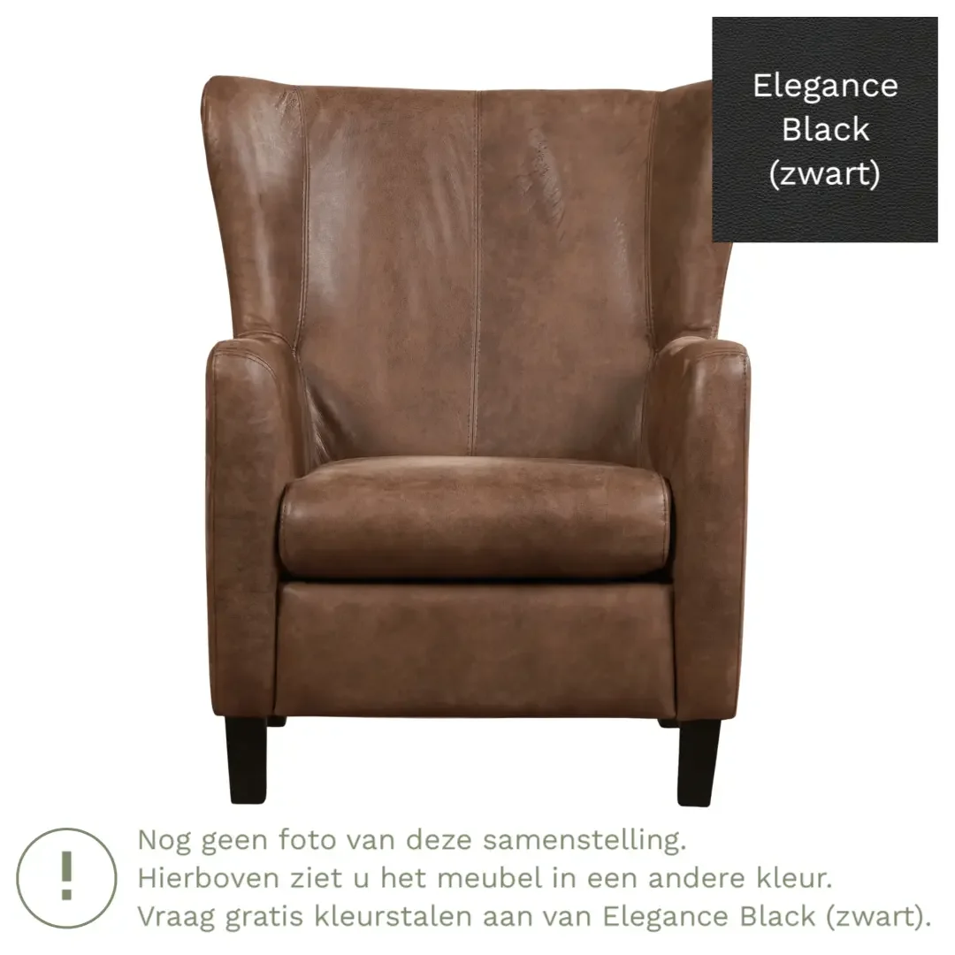 afbeelding van Leren fauteuil Hug - Elegance Black (zwart) - Poten hout bruin
