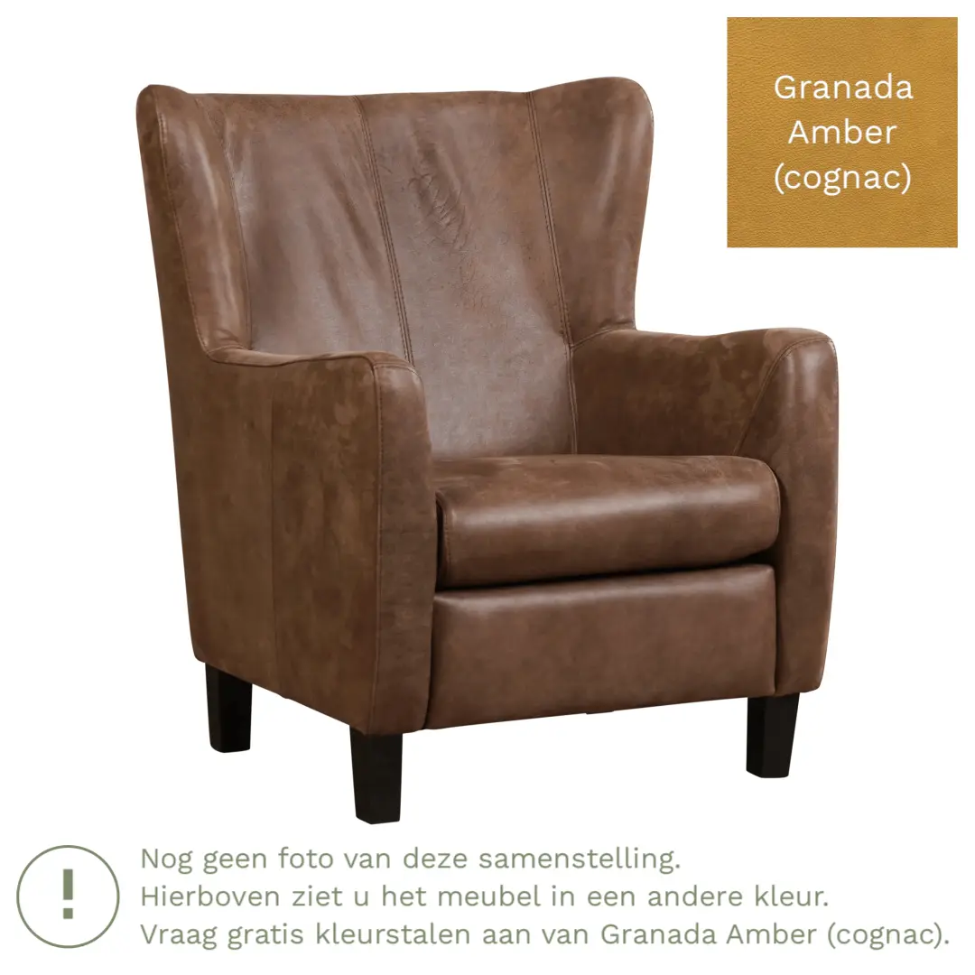 afbeelding van Leren fauteuil Hug - Granada Amber (cognac) - Poten hout zwart