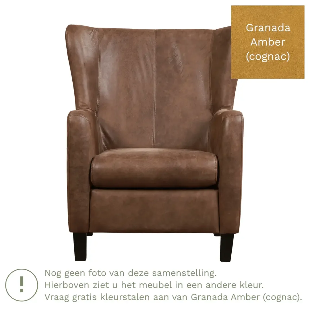 afbeelding van Leren fauteuil Hug - Granada Amber (cognac) - Poten hout zwart