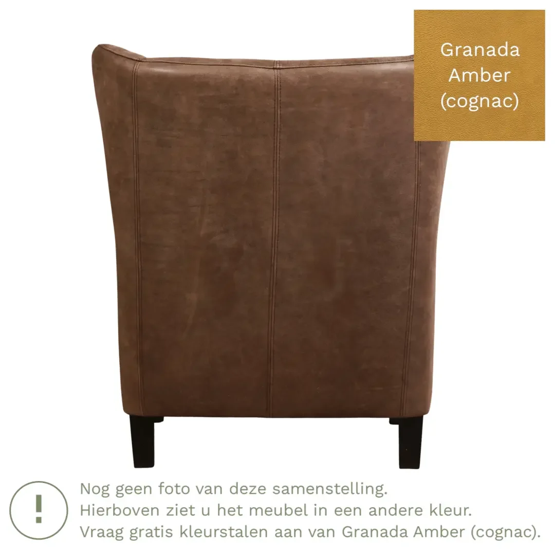 afbeelding van Leren fauteuil Hug - Granada Amber (cognac) - Poten hout zwart