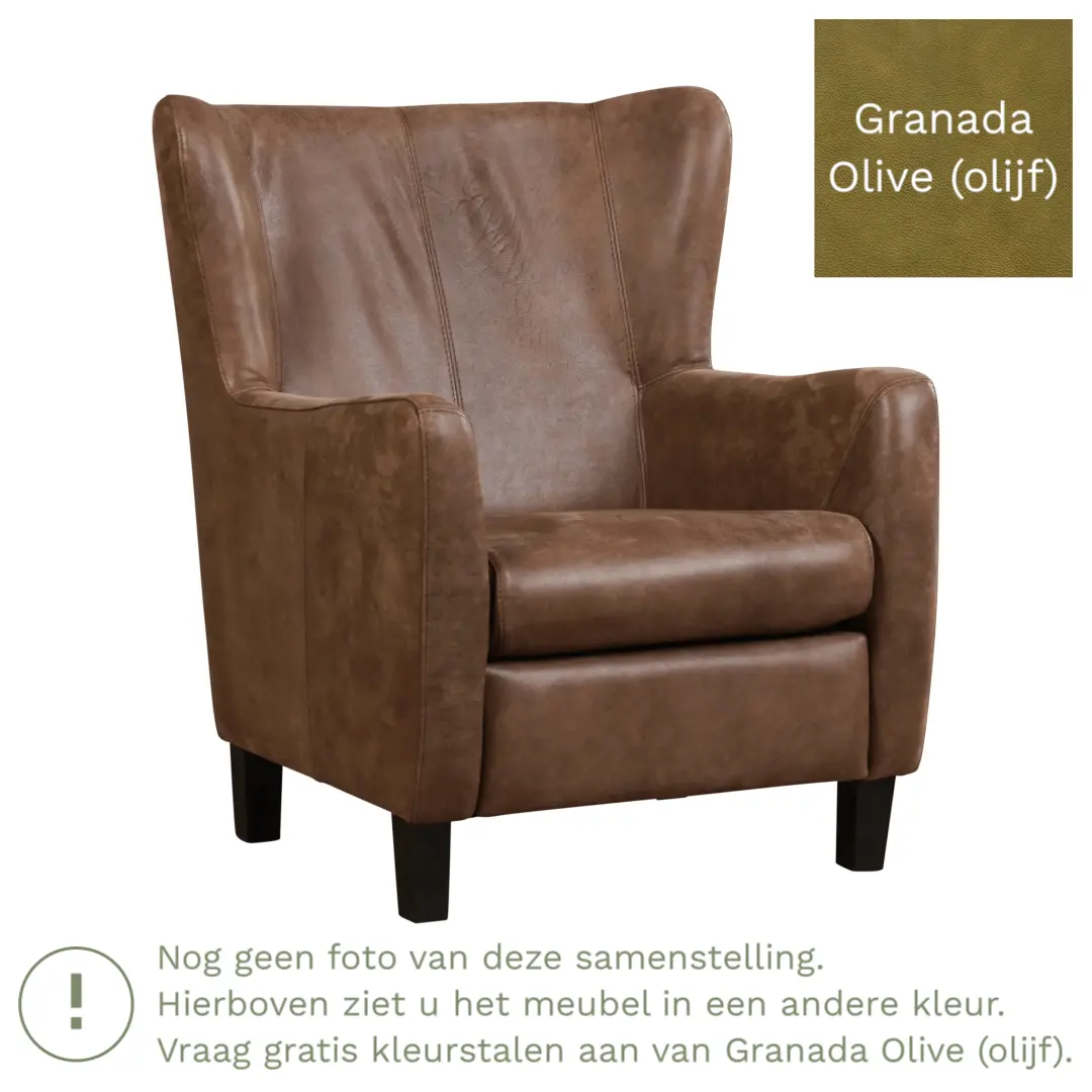 afbeelding van Leren fauteuil Hug - Granada Olive (olijf) - Poten hout zwart