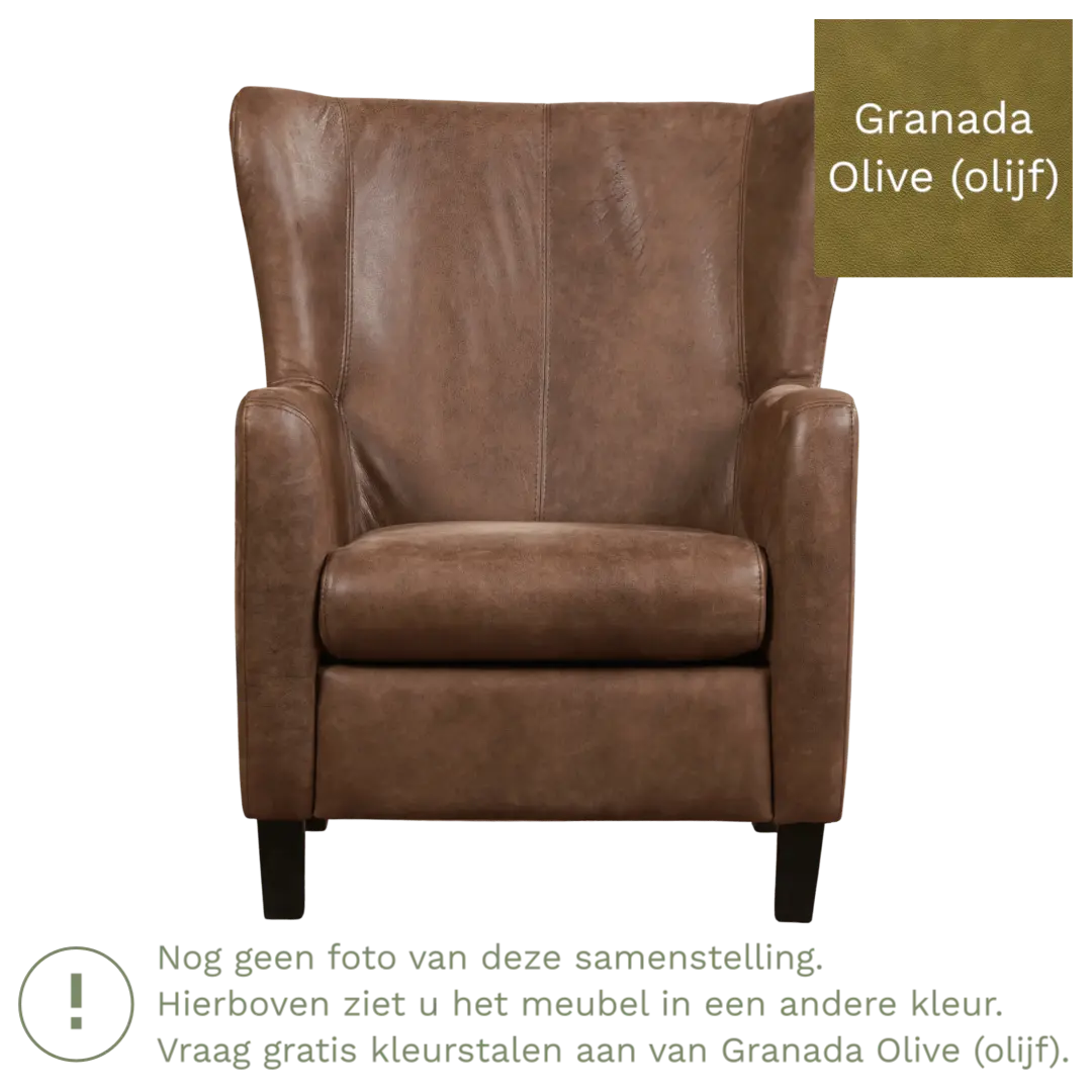 afbeelding van Leren fauteuil Hug - Granada Olive (olijf) - Poten hout zwart