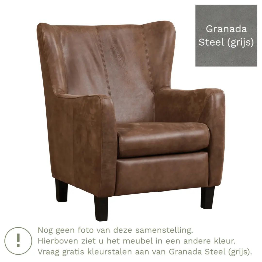 afbeelding van Leren fauteuil Hug - Granada Steel (grijs) - Poten hout zwart