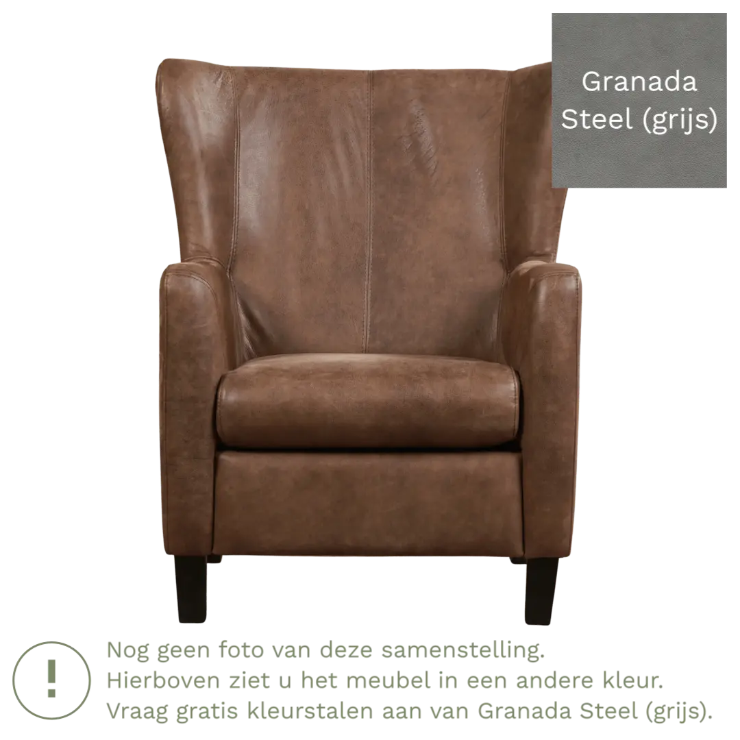 afbeelding van Leren fauteuil Hug - Granada Steel (grijs) - Poten hout zwart