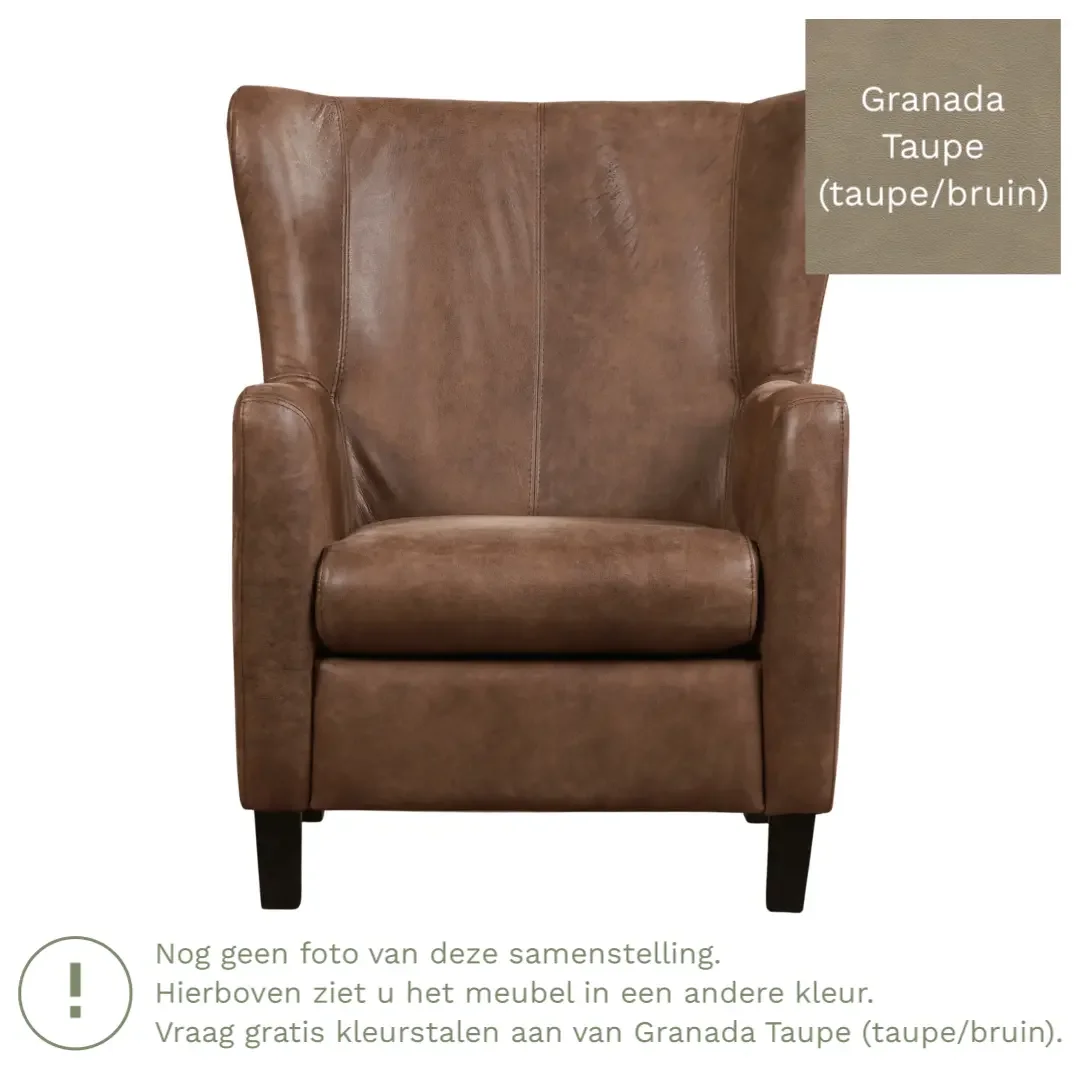 afbeelding van Leren fauteuil Hug - Granada Taupe (taupe/bruin) - Poten hout bruin