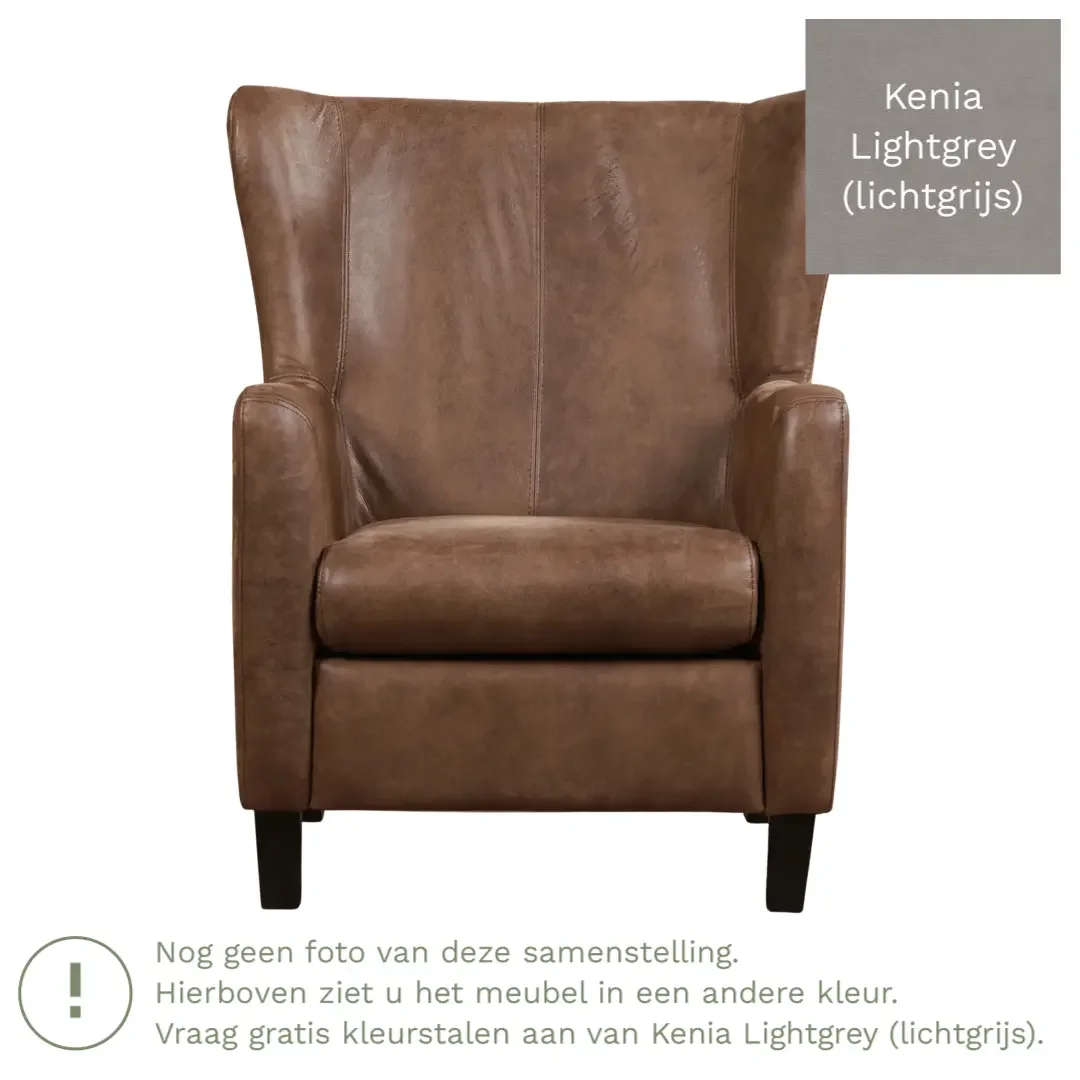 afbeelding van Leren fauteuil Hug - Kenia Lightgrey (lichtgrijs) - Poten hout zwart