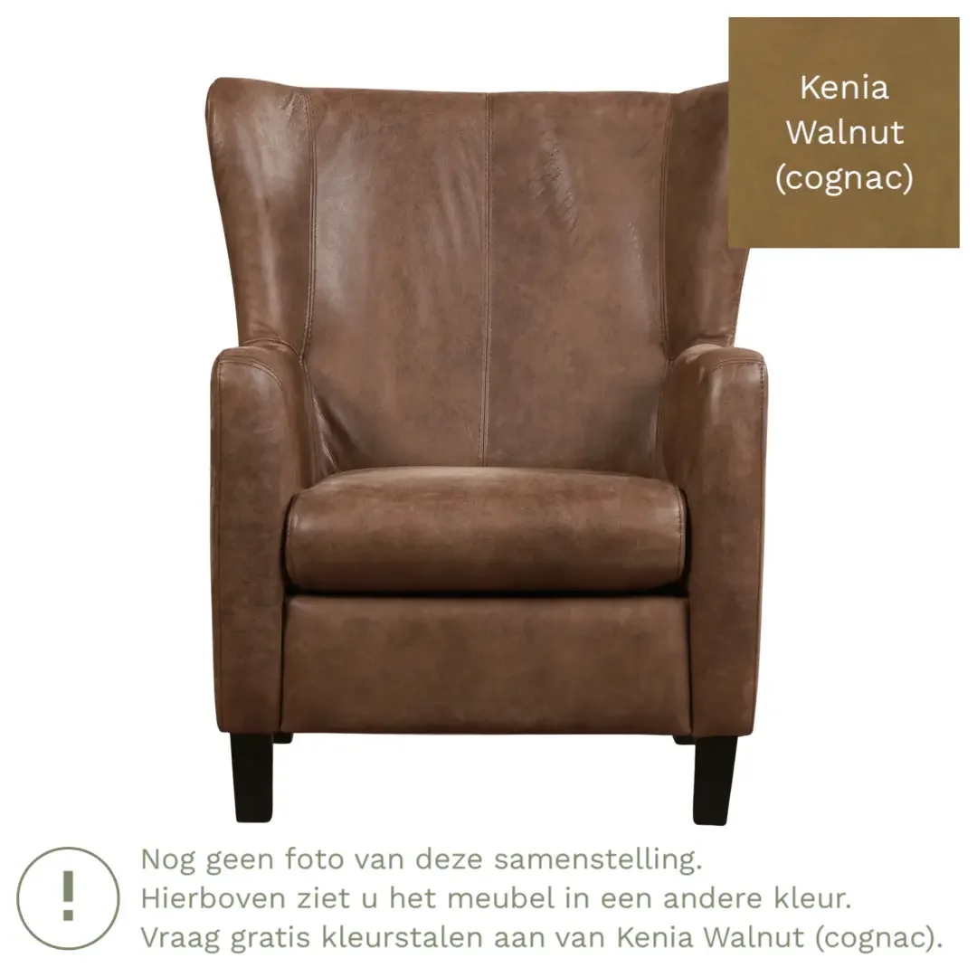 afbeelding van Leren fauteuil Hug - Kenia Walnut (cognac) - Poten hout bruin