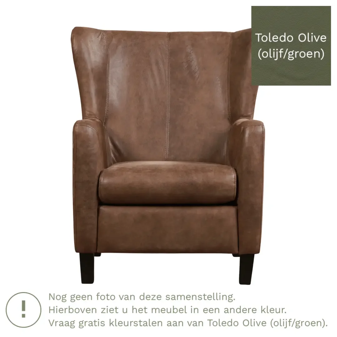 afbeelding van Leren fauteuil Hug - Toledo Olive (olijf/goen) - Poten hout zwart