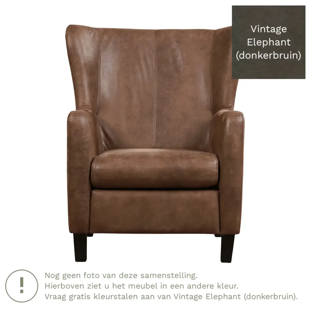 afbeelding van Leren fauteuil Hug - Vintage Elephant (donkerbruin) - Poten hout bruin