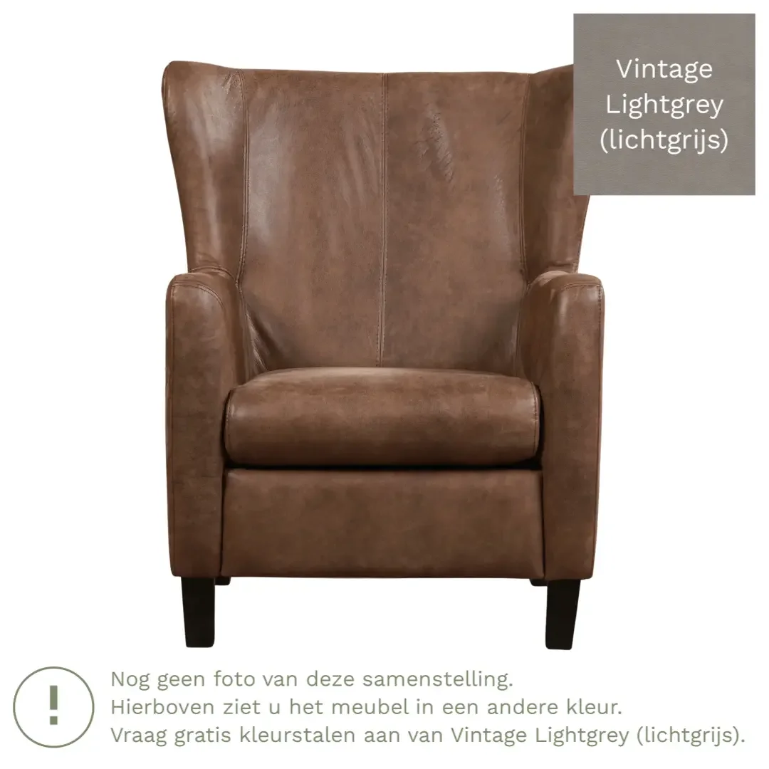 afbeelding van Leren fauteuil Hug - Vintage Lightgrey (lichtgrijs) - Poten hout bruin