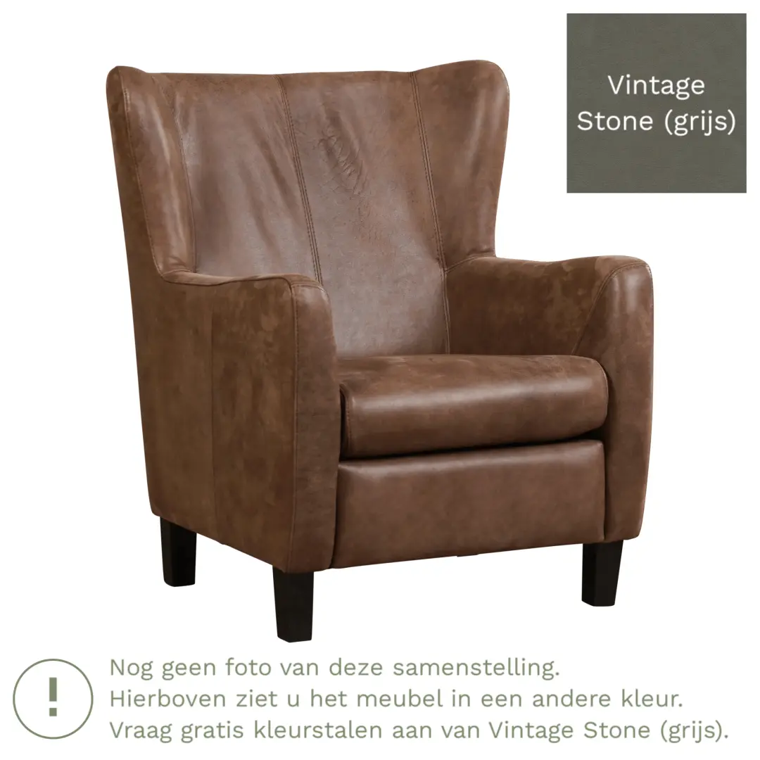 afbeelding van Leren fauteuil Hug - Vintage Stone (grijs) - Poten hout bruin
