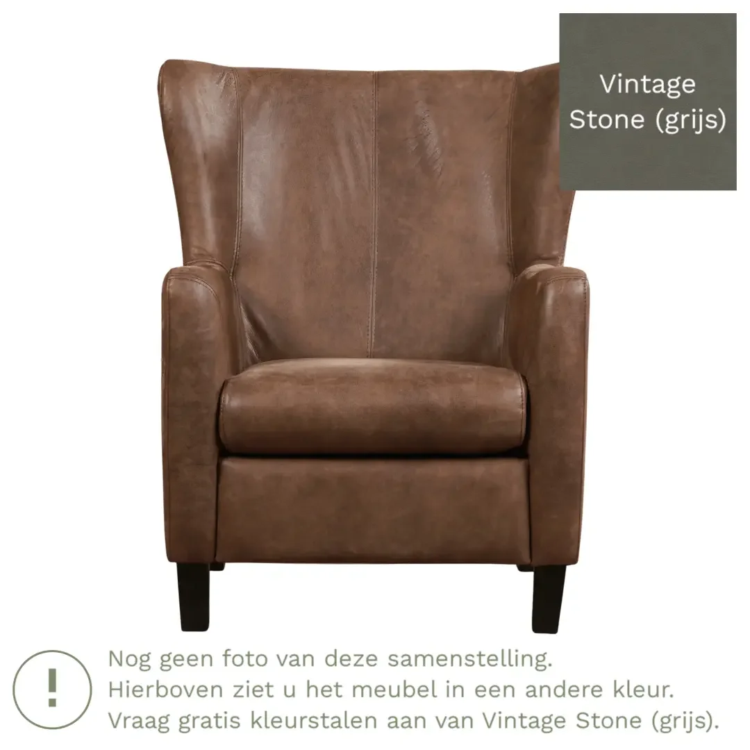afbeelding van Leren fauteuil Hug - Vintage Stone (grijs) - Poten hout bruin