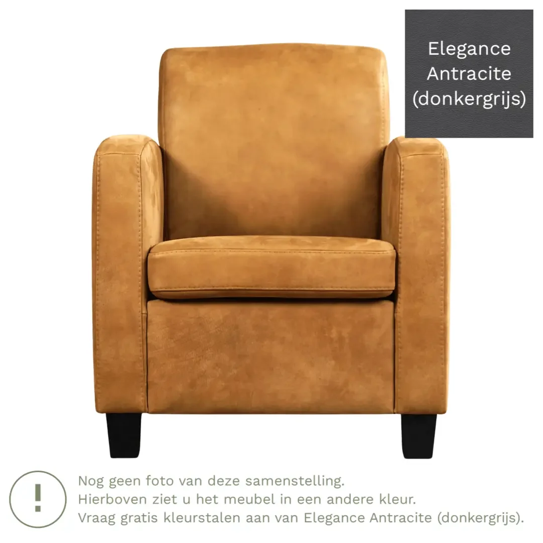 afbeelding van Leren fauteuil Joy - Elegance Antracite (donkergrijs) - Poten hout bruin