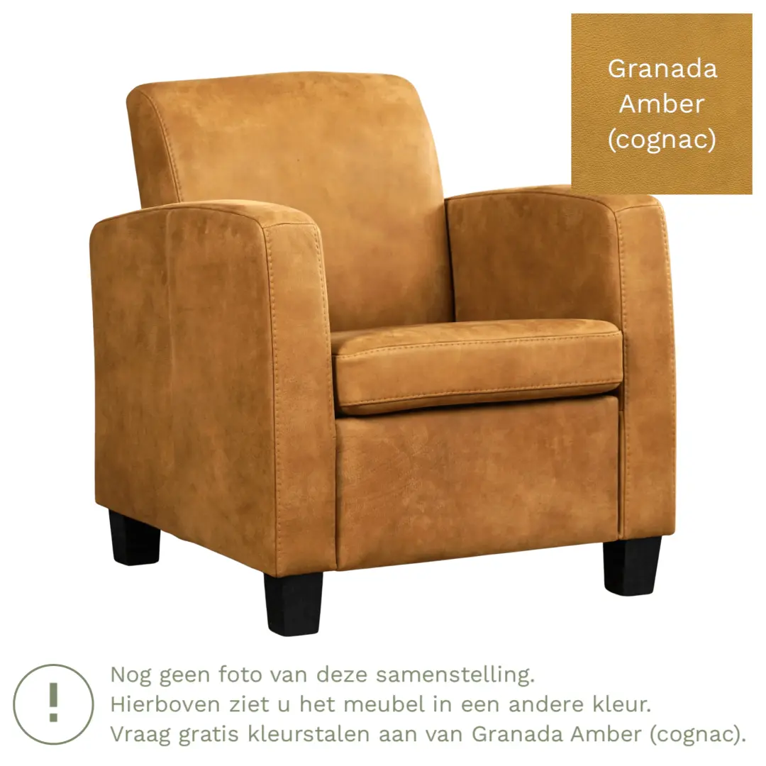 afbeelding van Leren fauteuil Joy - Granada Amber (cognac) - Poten hout bruin