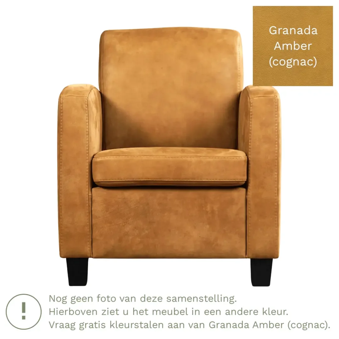 afbeelding van Leren fauteuil Joy - Granada Amber (cognac) - Poten hout bruin