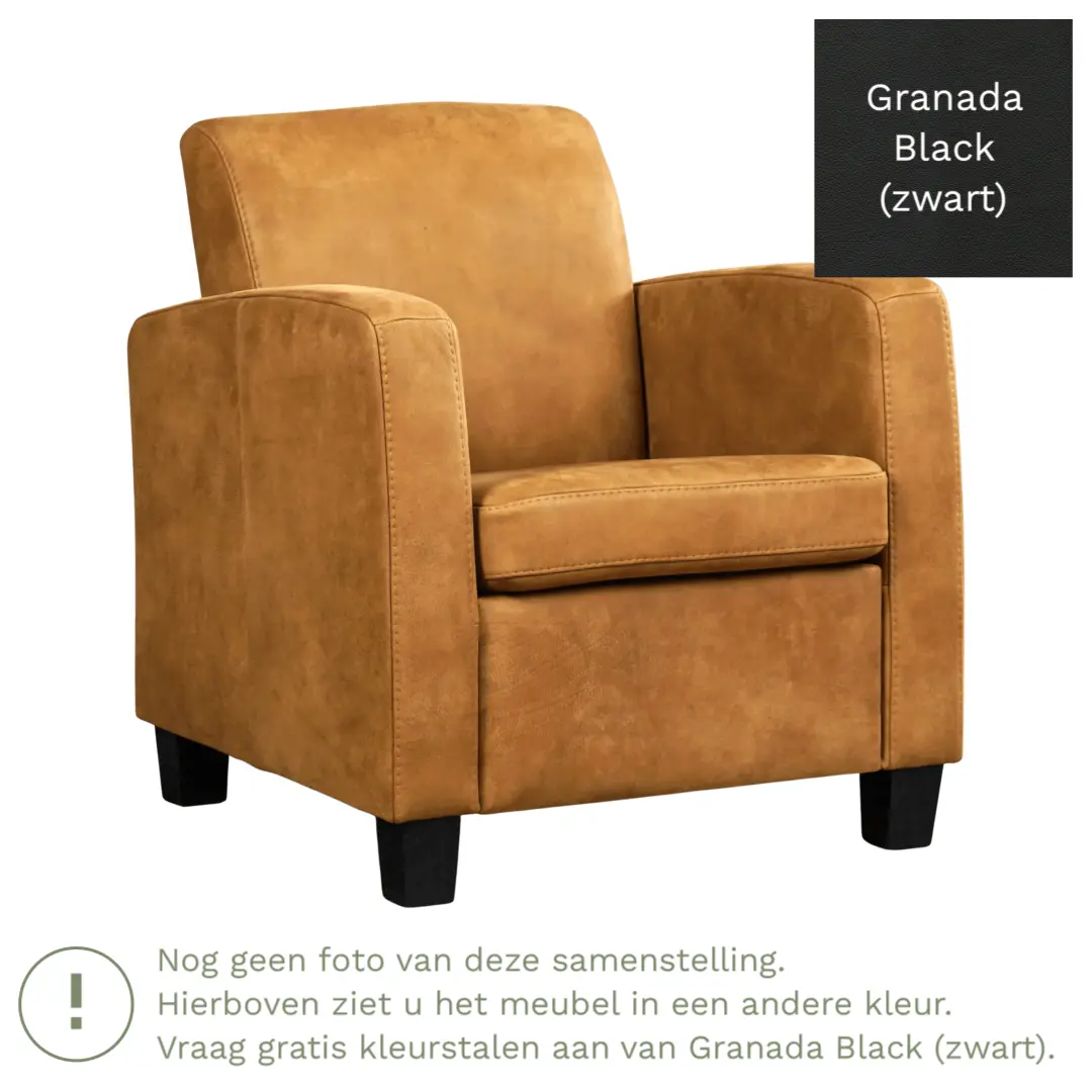 afbeelding van Leren fauteuil Joy - Granada Black (zwart) - Poten hout zwart