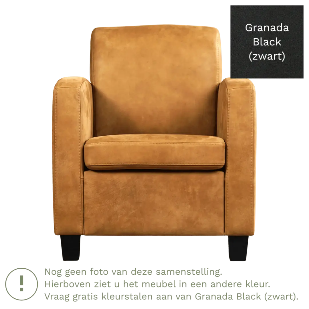 afbeelding van Leren fauteuil Joy - Granada Black (zwart) - Poten hout zwart