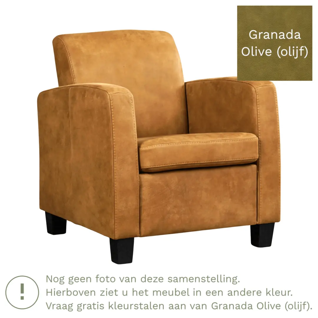 afbeelding van Leren fauteuil Joy - Granada Olive (olijf) - Poten hout bruin