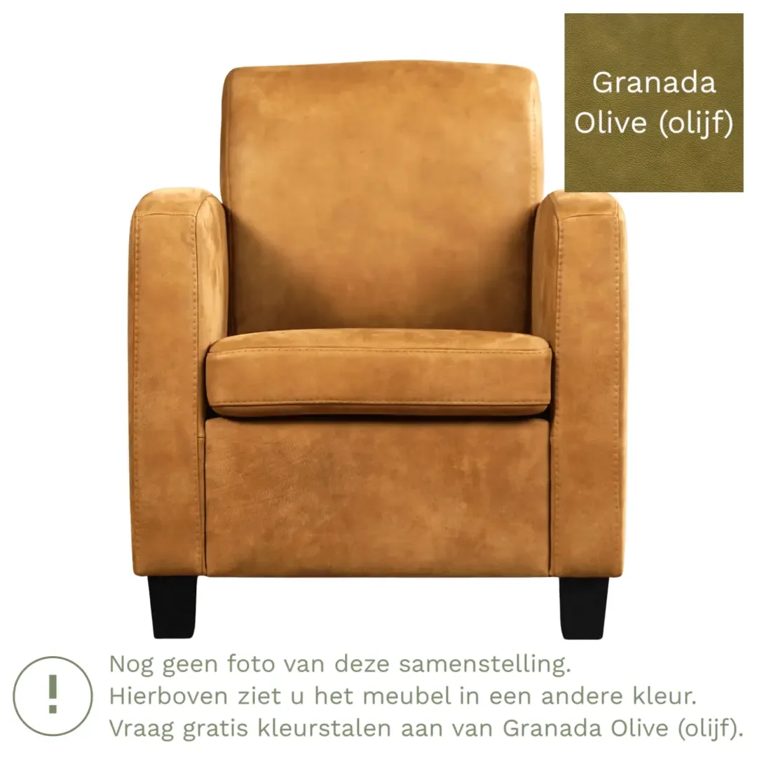 afbeelding van Leren fauteuil Joy - Granada Olive (olijf) - Poten hout bruin