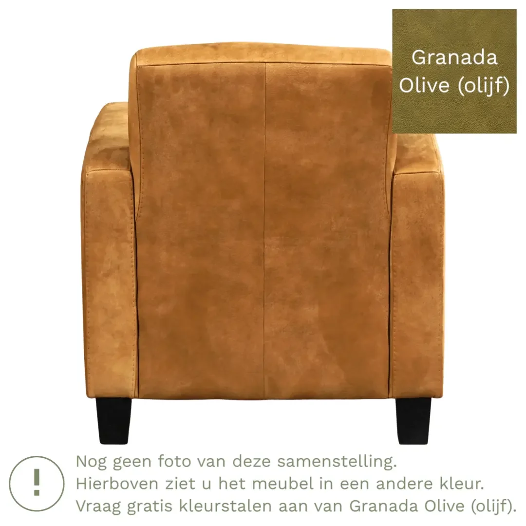 afbeelding van Leren fauteuil Joy - Granada Olive (olijf) - Poten hout bruin