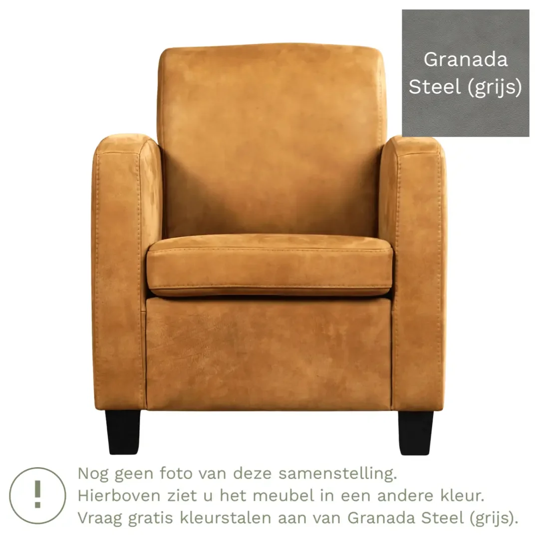 afbeelding van Leren fauteuil Joy - Granada Steel (grijs) - Poten hout zwart