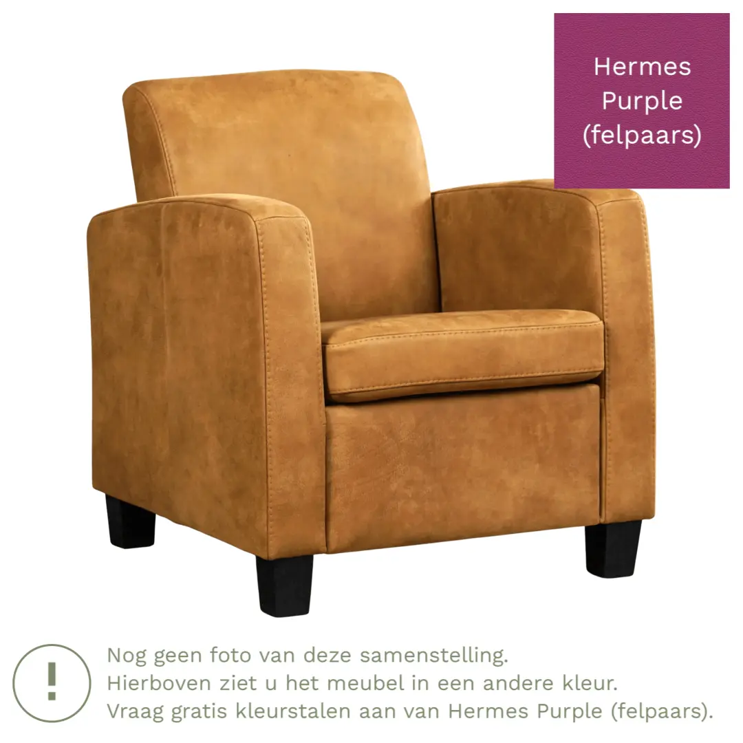 afbeelding van Leren fauteuil Joy - Hermes Purple (felpaars) - Poten hout bruin