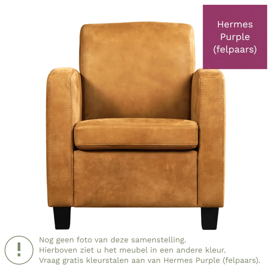 afbeelding van Leren fauteuil Joy - Hermes Purple (felpaars) - Poten hout bruin