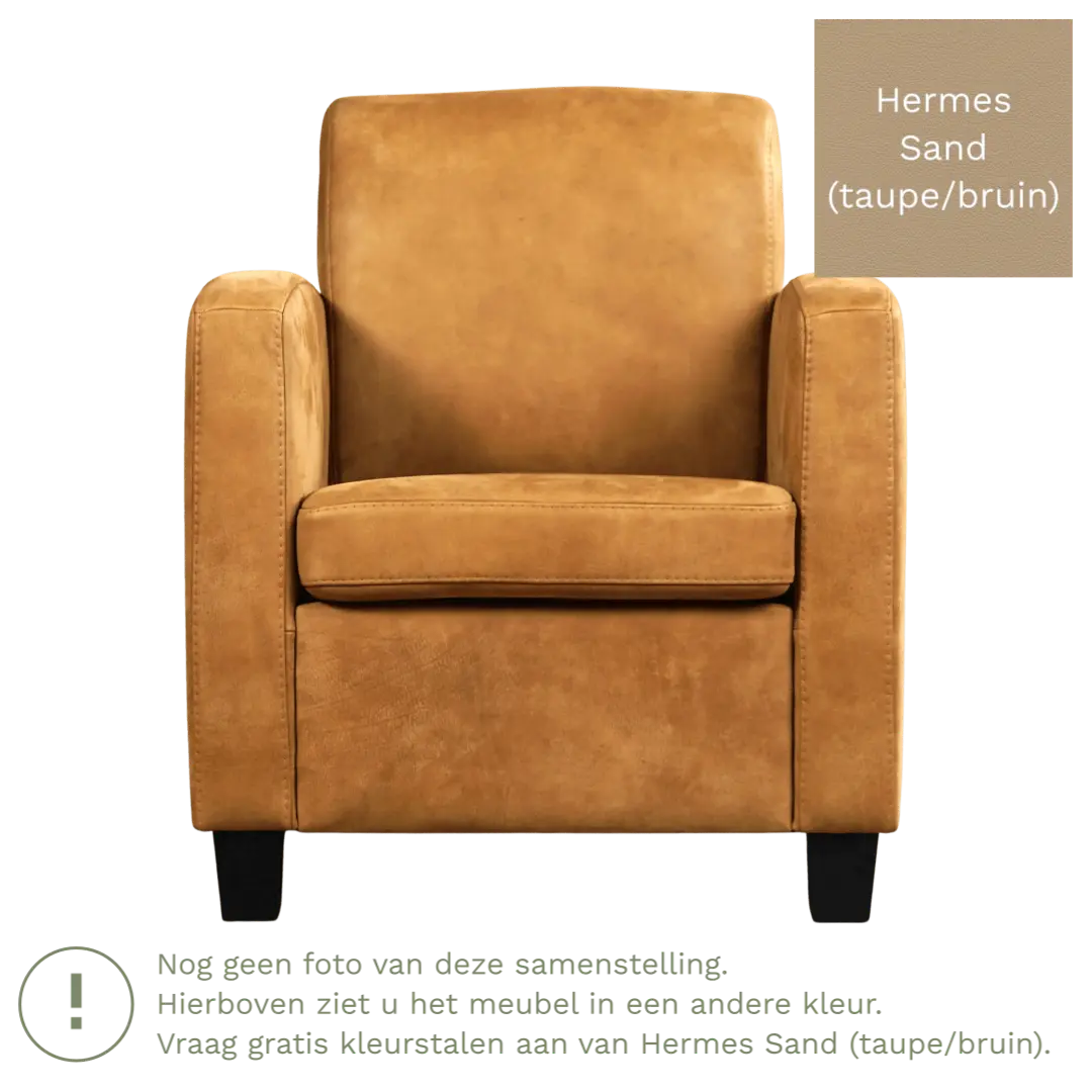 afbeelding van Leren fauteuil Joy - Hermes Sand (taupe/bruin) - Poten hout bruin