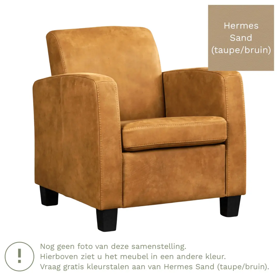 afbeelding van Leren fauteuil Joy - Hermes Sand (taupe/bruin) - Poten hout zwart