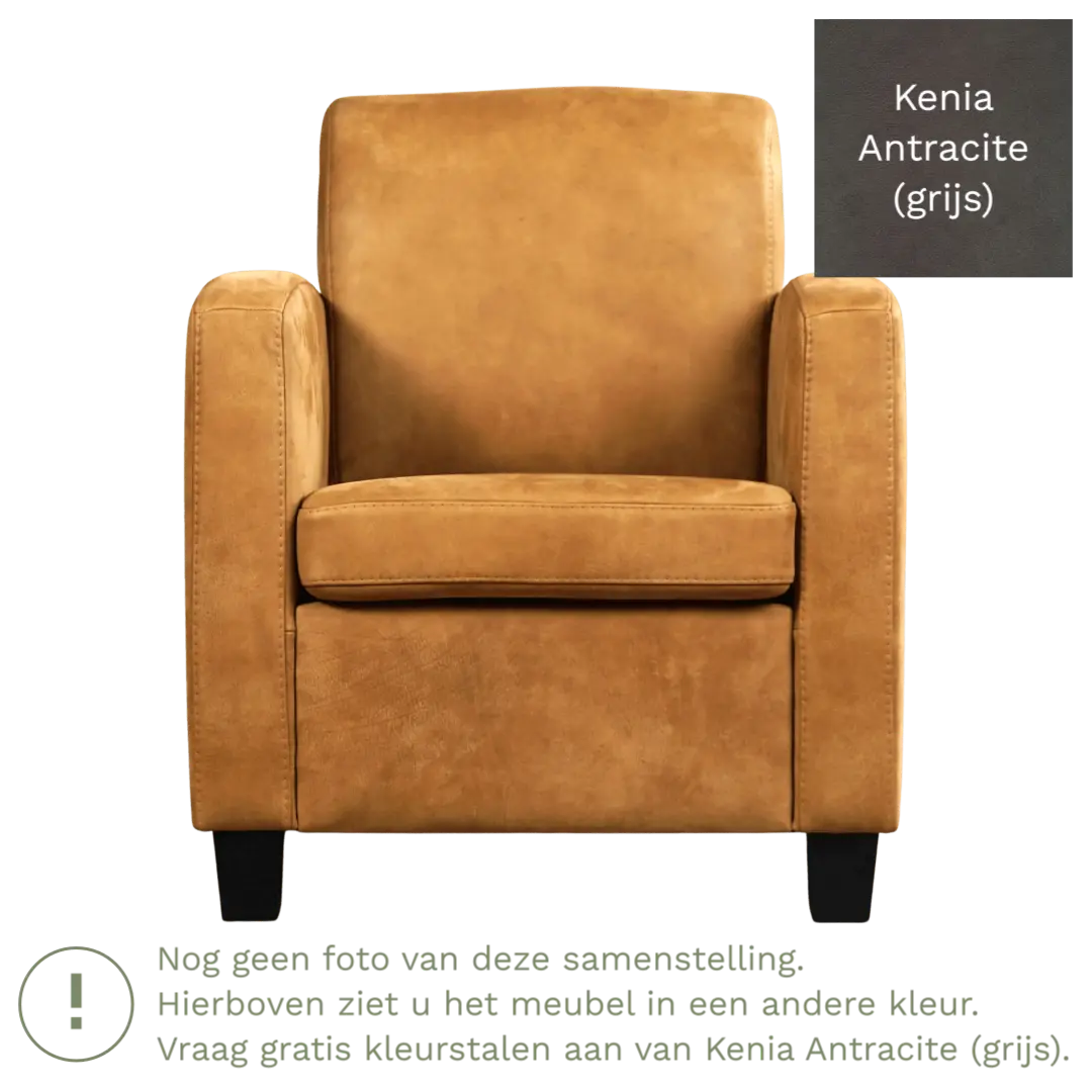 afbeelding van Leren fauteuil Joy - Kenia Antracite (grijs) - Poten hout bruin