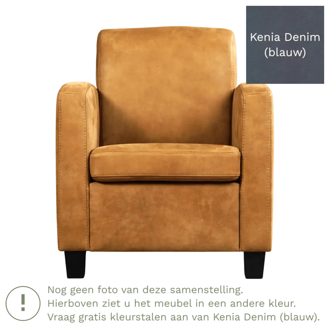 afbeelding van Leren fauteuil Joy - Kenia Denim (blauw) - Poten hout zwart
