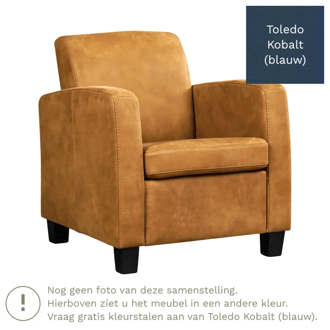 afbeelding van Leren fauteuil Joy - Toledo Kobalt (blauw) - Poten hout bruin