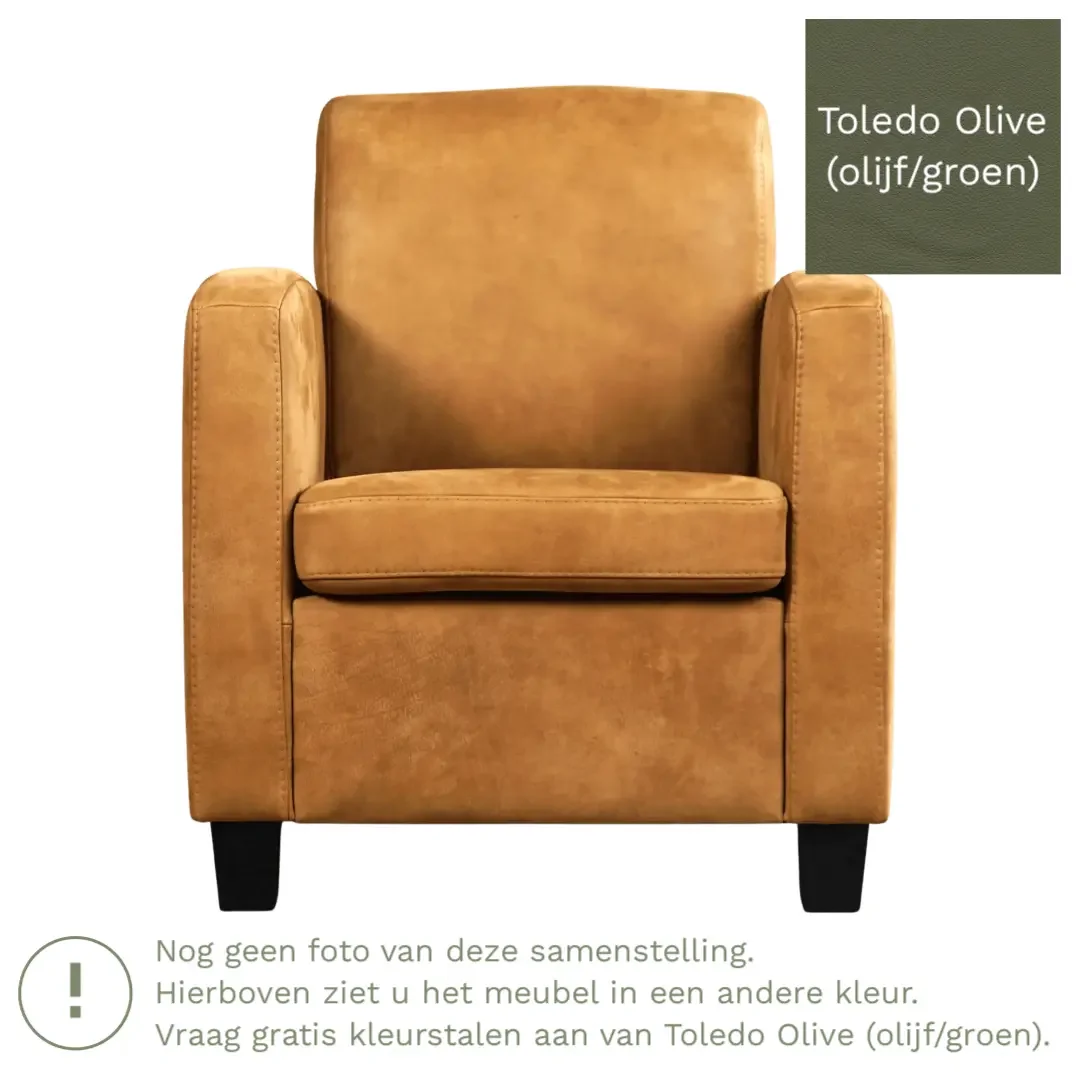 afbeelding van Leren fauteuil Joy - Toledo Olive (olijf/goen) - Poten hout bruin