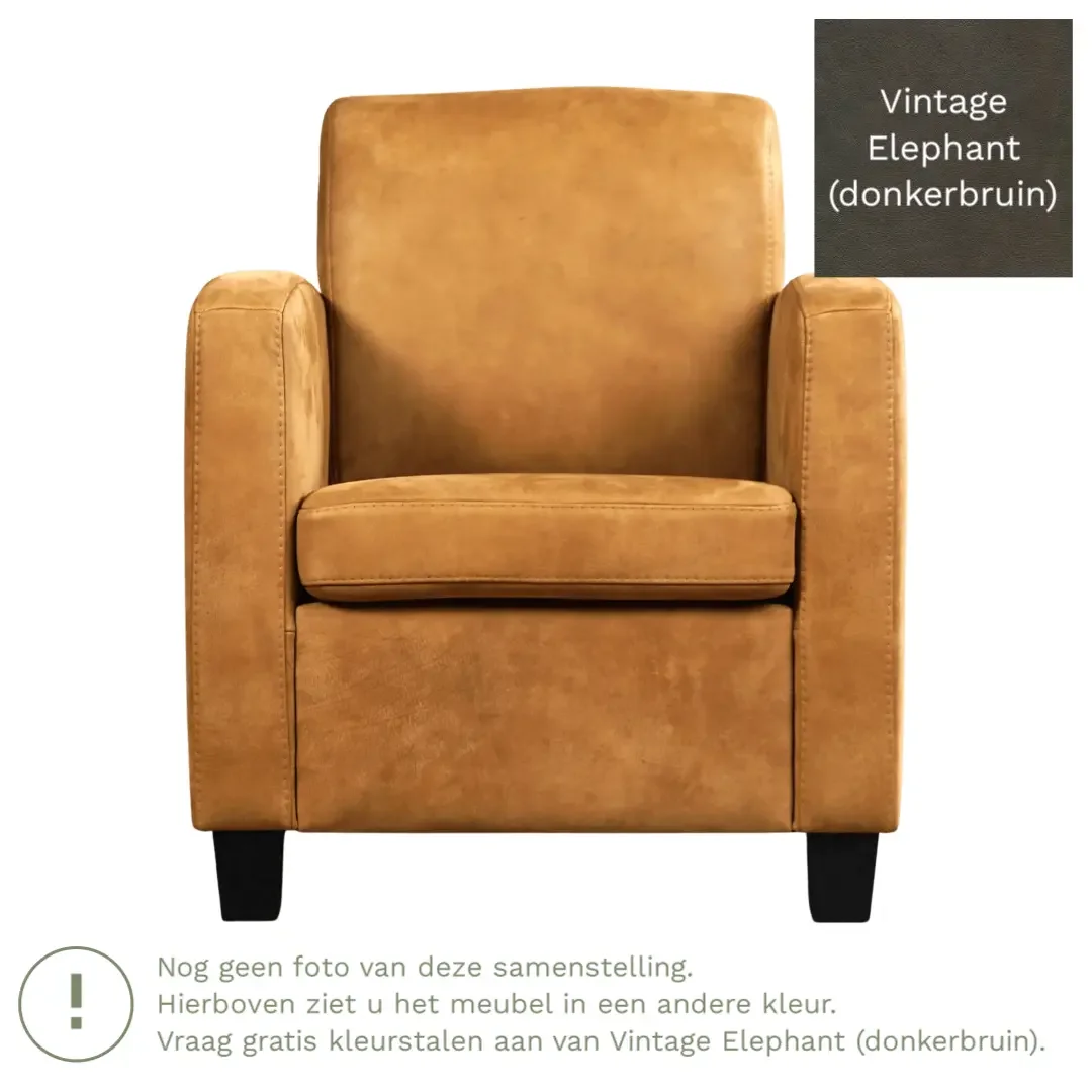 afbeelding van Leren fauteuil Joy - Vintage Elephant (donkerbruin) - Poten hout zwart