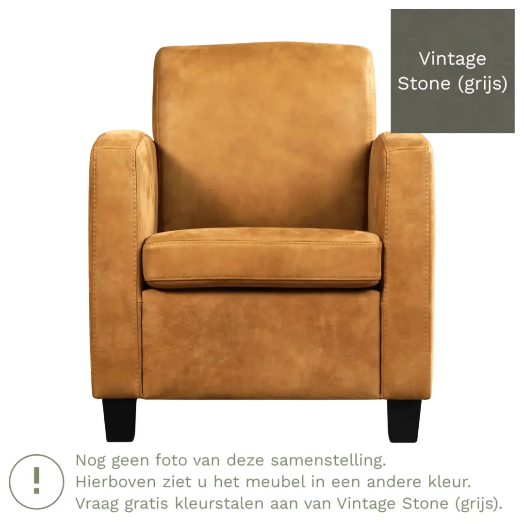 afbeelding van Leren fauteuil Joy - Vintage Stone (grijs) - Poten hout bruin